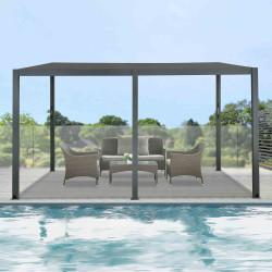 Pergola Bioclimatique SUN au bord d'une piscine sur une terrasse, vue de dos