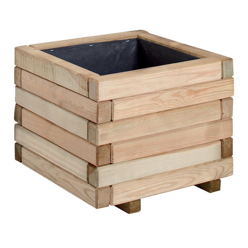 Bac à fleurs carré en bois avec parois horizontale et doublure intérieure
