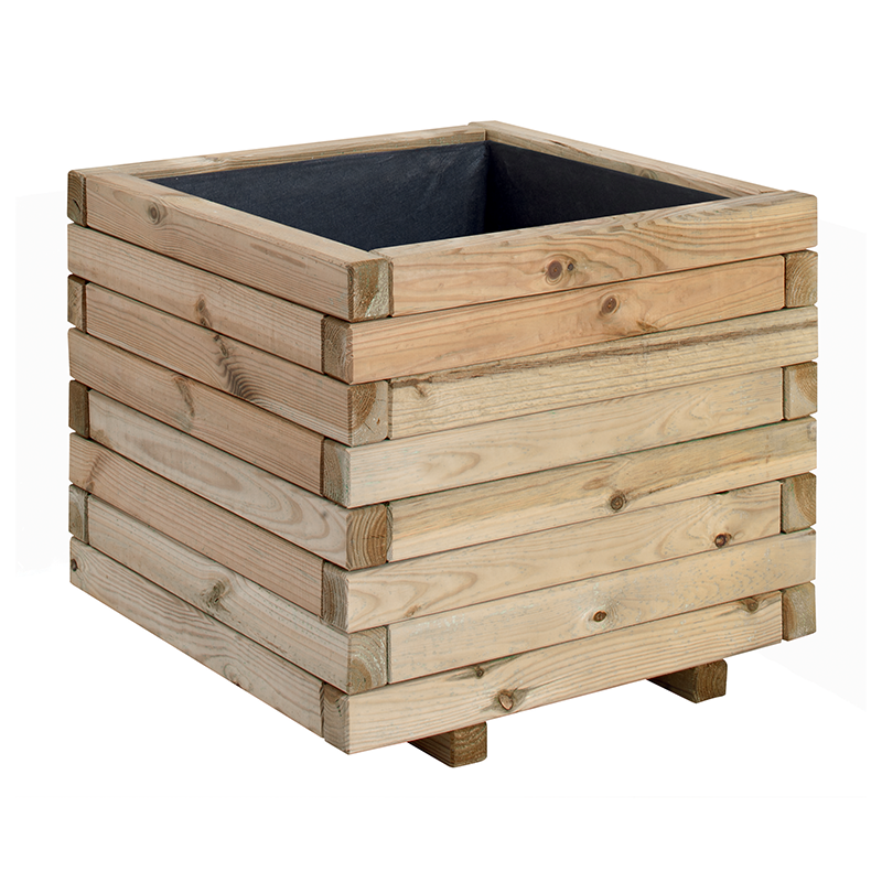 Bac à fleurs carré en bois avec parois horizontale et doublure intérieure