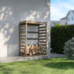 Abri-bûches COLOMBUS en ambiance dans un jardin, contre un mur avec des bûches entreposées à l'intérieur