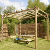 Pergola MAGDALIE en situation dans un jardin, avec une table de pique-nique en dessous
