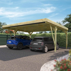 Carport double Victor design en ambiance en extérieur avec deux voitures garées en dessous