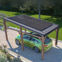 Carport solaire Elio mis en ambiance en extérieur, avec une voiture garée en dessous, vue du haut pour distinguer les panneaux s