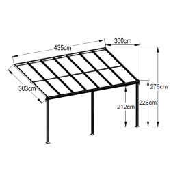 Schéma technique de la pergola adossable en alu LOUIS avec mesures exactes