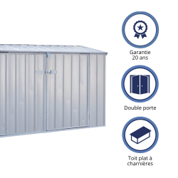 Icônes indiquant la garantie de 20 ans de l'abri Fraser2bike, sa double porte et son toit plat à charnières