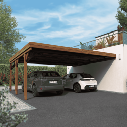 Carport double adossable Victor, ambiance avec deux voitures garée en dessous, adossé a une maison moderne