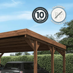 Zoom sur le carport double Victor avec des icônes détaillant la garantie et le traitement du produit