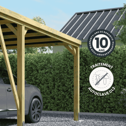 Zoom sur le carport Victor modern avec des icônes détaillant la garantie et le traitement du produit