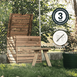 Composteur LIGN Z avec des icônes indiquant son traitement et sa garantie