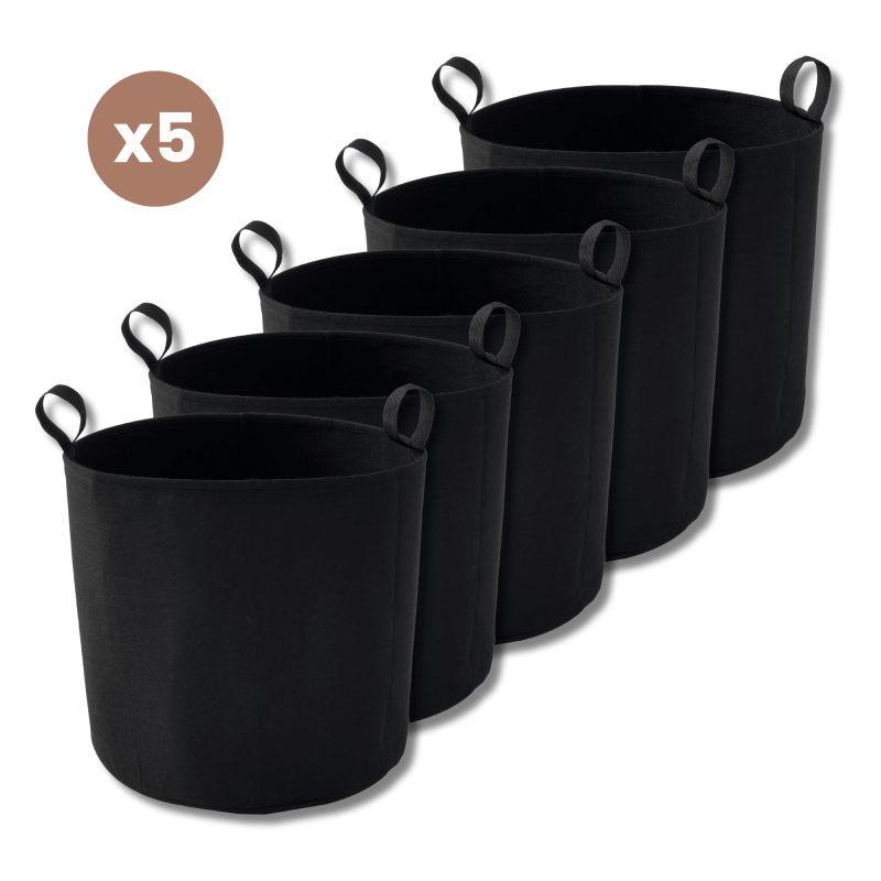 Lot de 5 sacs de plantation en feutre géotextile ø 40 cm Noir vue de face sur fond blanc