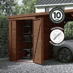 Zoom sur le carport Léon avec annexe avec des icônes détaillant la garantie et le traitement du produit