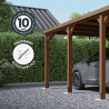 Zoom sur le carport Victor avec des icônes détaillant la garantie et le traitement du produit