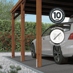 Zoom sur le carport adossable Victor avec des icônes détaillant la garantie et le traitement du produit