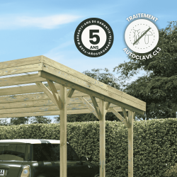 Zoom sur le carport double Jean avec des icônes détaillant la garantie et le traitement du produit