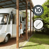 Zoom sur le carport pour véhicule haut avec des icônes détaillant la garantie et le traitement du produit