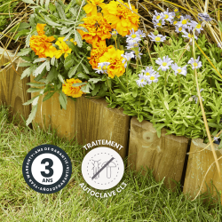 Bordure CALA mise en situation en extérieur avec des icônes signalant la garantie et le traitement du produit