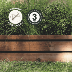 Bordure en bois LIGN Z mise en situation avec des icônes signalant la garantie et le traitement du produit