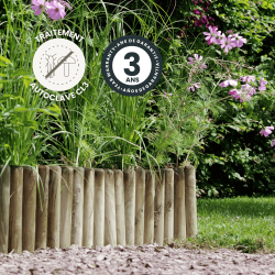 Bordure en bois en rouleau 175cm mise en situation avec des icônes signalant la garantie et le traitement du produit