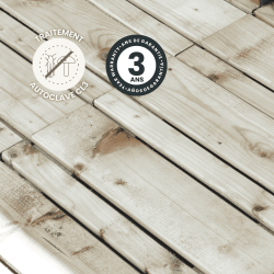 Dalle Oslo 50x50 zoom sur la mise en situation avec des icônes signalant la garantie et le traitement