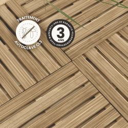 Dalle 50x50 à lames rainurées zoom sur une mise en situation avec des icônes de traitement et garantie