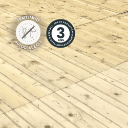 Dalle OSLO 100x100 zoom sur la mise situation avec des icônes signalant la garantie et le traitement