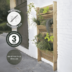 Ecran potager Eden mis en situation dans une niche d'un mur en briques blanches, avec des icônes signalant son traitement, sa ga