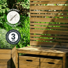 Banc brise-vue DUO mis en situation dans un jardin avec icônes signalant le traitement et la garantie