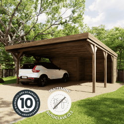 Zoom sur le carport double Léon avec annexe avec des icônes détaillant la garantie et le traitement du produit