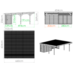 Schéma technique du carport double Léon avec annexe avec mesures exactes