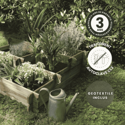 Zoom sur le carré potager ANGELIC 187L, avec des icônes signalant sa garantie, son traitement et son géotextile i