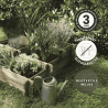 Zoom sur le carré potager ANGELIC 187L, avec des icônes signalant sa garantie, son traitement et son géotextile i