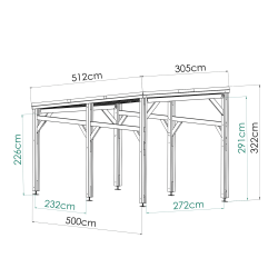 Schéma technique de la structure du carport en bois Elio avec dimensions exactes