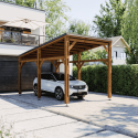 Structure carport en bois Elio en situation devant une maison moderne abritant une voiture