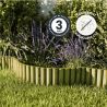 Bordure demi rondin enroulée 180cm en situation dans un jardin avec des icônes signalant son traitement et sa garantie