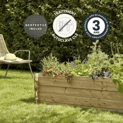 Zoom sur le carré potager au sol 214L avec des icônes spécifiant son géotextile inclus, sa garantie et son trait