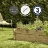 Zoom sur le carré potager au sol 214L avec des icônes spécifiant son géotextile inclus, sa garantie et son trait