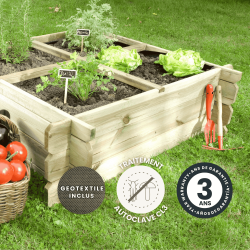 Zoom sur le carré potager BASIL 203L avec icônes signalant son géotextile inclus, son traitement et sa garantie