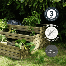 Zoom sur le carré potager Horizon 209L avec des icônes spécifiant son géotextile inclus, son traitement et sa garantie