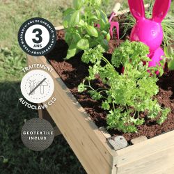 Zoom sur le carré potager enfant SACHA avec des icônes signalant son traitement, sa garantie et son géotextile inclus
