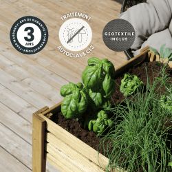 Carré potager surélevé en bois Küb 90L avec des icônes signalant son traitement, sa garantie et un géotextile innclus