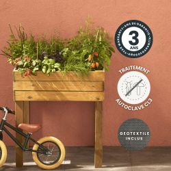 Carré Potager Surélevé Paprika 90L avec des icônes sa garantie, son traitement, et son géotextile inclus