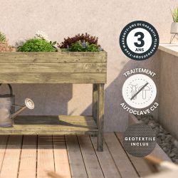 Carré potager sur pieds Paprika 110L  vue de face, en situation sur une terrasse avec des icônes signalant sa garantie, son trai