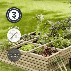 Carré potager au sol Horizon 380L en situation dans un jardin, avec des icônes signalant son traitement, sa garantie et son géot