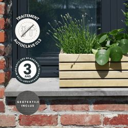 Zoom sur la jardinière Horizon avec des icônes sur son traitement, sa garantie et son géotextile inclus