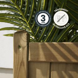 Bac de jardin en bois traité autoclave classe 3, avec plante verte, affichant garantie 3 ans.