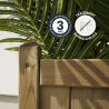 Bac de jardin en bois traité autoclave classe 3, avec plante verte, affichant garantie 3 ans.