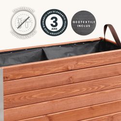 Zoom sur le bac Bambou bas lasuré avec des icônes signalant son traitement, sa garantie et son géotextile inclus