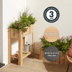 Zoom sur le potager de balcon avec les icônes spécifiant son essence, sa garantie et son géotextile inclus
