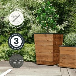 Bac à fleurs en V COLLECTORS en situation sur une terrasse de piscine avec des icônes signalant son traitement, sa garantie, et 