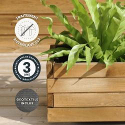 Zoom sur le bac à fleurs carré FIRST avec des icônes signalant son traitement, sa garantie et son géotextile inclus